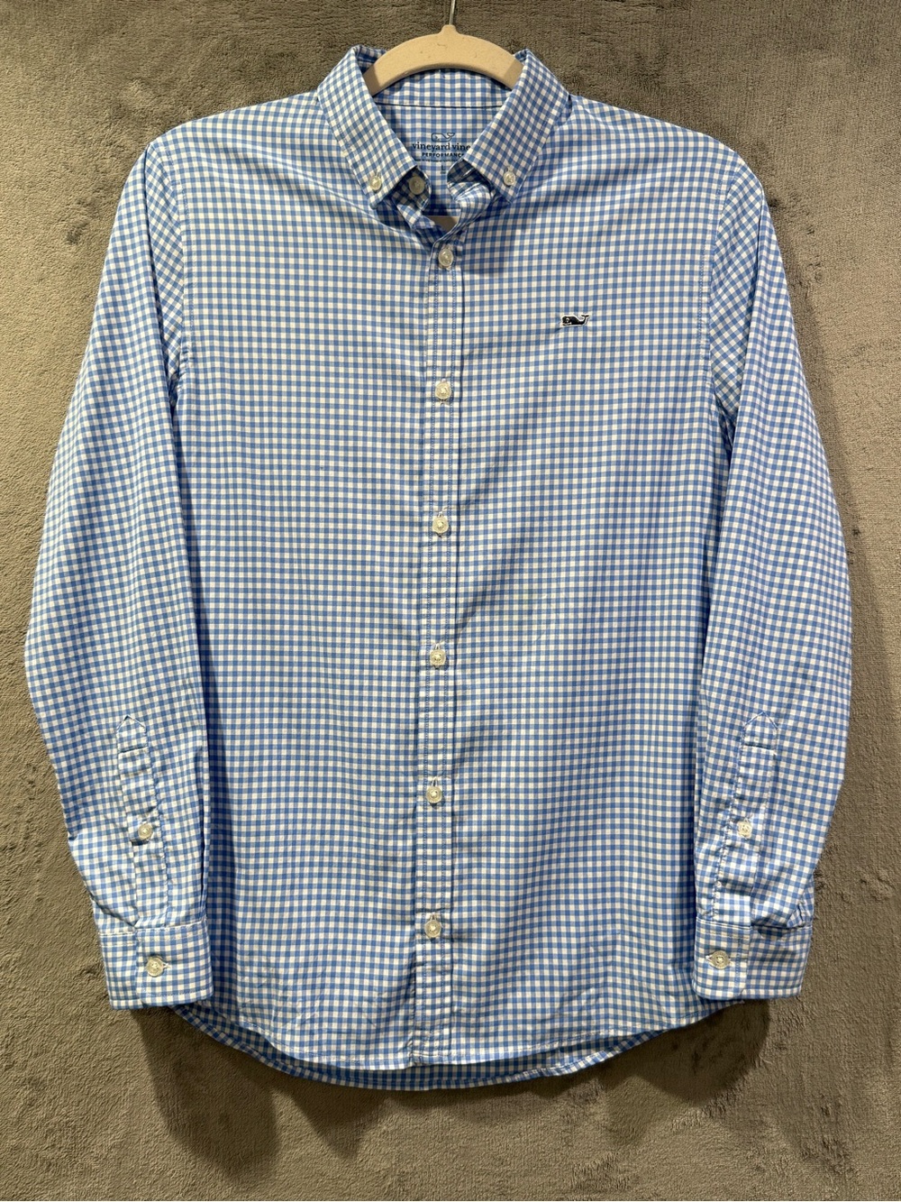 Vineyard Vines Performance Button Down Shirt Boys L 16 Blue Gingham Check Whale